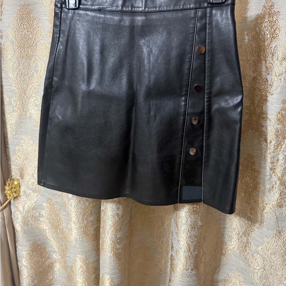 Black Leather Button-Detail Mini Skirt